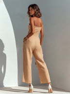 ElevenOra Chic Casual Camel Cotton-Linen Blend Strappy Sleeveless Zipper-Front Tie-Waist Wide-Leg Cropped Jumpsuit oaklynwear