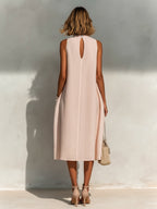 ElevenOra Chic Elegant Light Pink Linen Round-Neck Sleeveless Pleats Detail Patch Pockets Loose-Fit A-Line Midi Dress oaklynwear