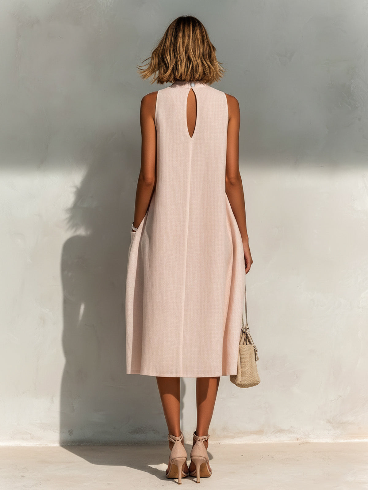 ElevenOra Chic Elegant Light Pink Linen Round-Neck Sleeveless Pleats Detail Patch Pockets Loose-Fit A-Line Midi Dress oaklynwear