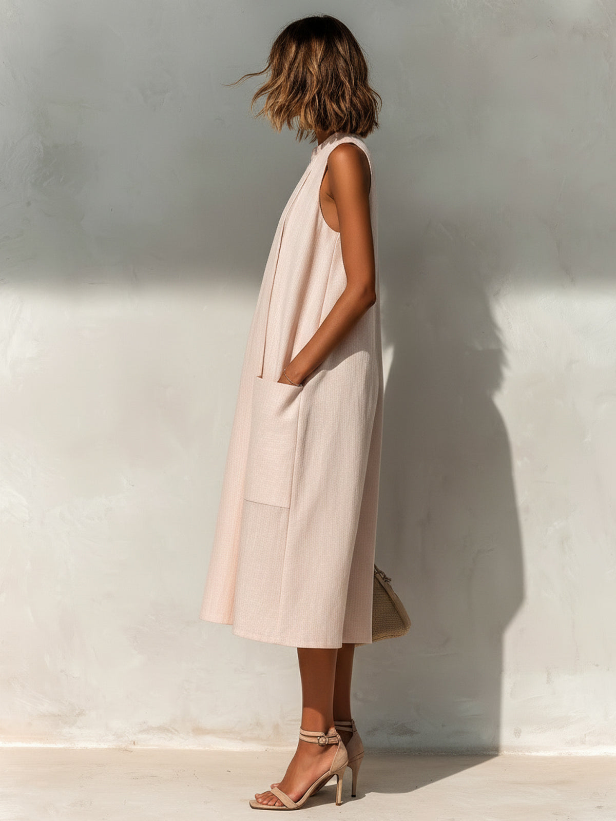 ElevenOra Chic Elegant Light Pink Linen Round-Neck Sleeveless Pleats Detail Patch Pockets Loose-Fit A-Line Midi Dress oaklynwear