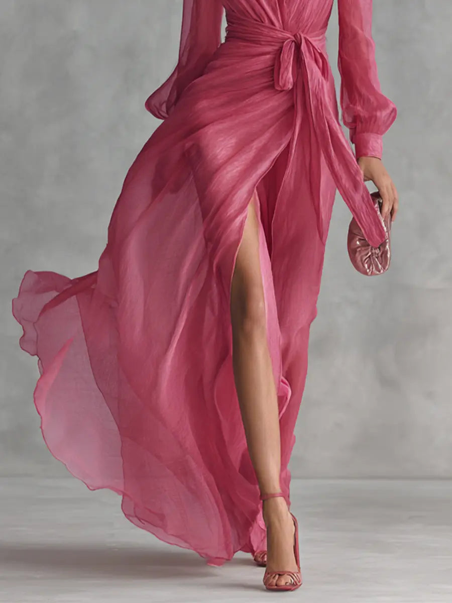 Rosalie | Women's Elegant Rose Pink Pearl Chiffon V-Neck Tie-Waist Long Dress oaklynwear