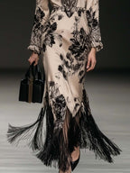 Elegant Bohemian Satin Maxi Dress for Women – V-Neck Tassel Dress with Ruffle Cuffs oaklynwear