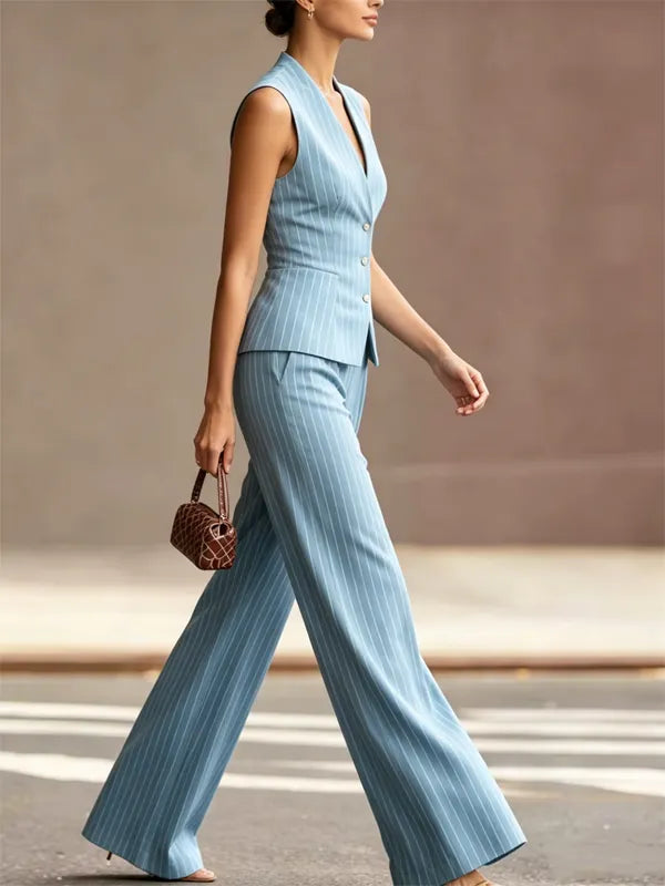 Sky-blue Pinstripe Sleeveless Vest And Trousers 2-Piece Suit oaklynwear