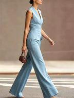 Sky-blue Pinstripe Sleeveless Vest And Trousers 2-Piece Suit oaklynwear