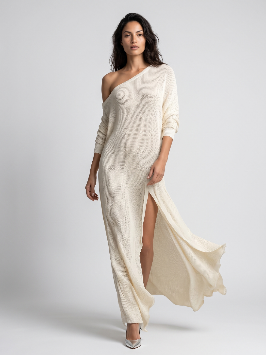 Celeste | One-Shoulder Textured Ivory Maxi Dress oaklynwear