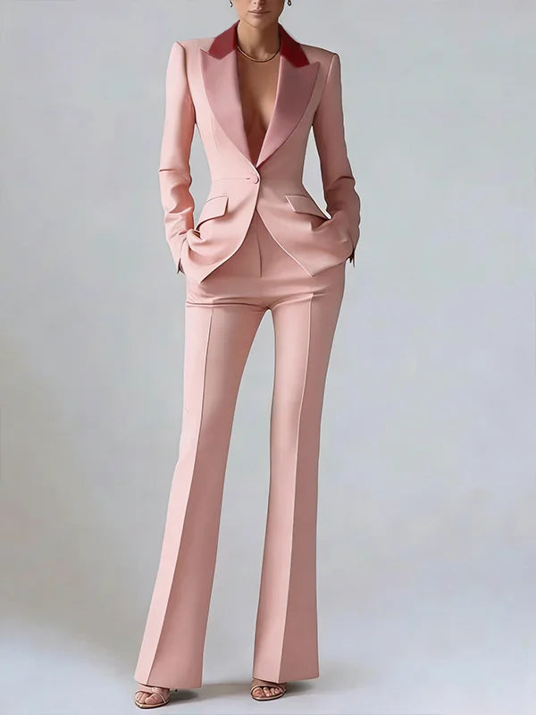 Solid Color Blocked Satin Lapel Blazer Trousers 2-Piece Suit oaklynwear