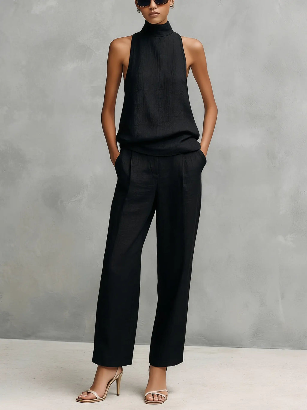 Monica | Women's Elegant Black Cotton and Linen Round-Neck Sleeveless Top and Trousers Set oaklynwear