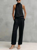 Monica | Women's Elegant Black Cotton and Linen Round-Neck Sleeveless Top and Trousers Set oaklynwear
