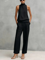Monica | Women's Elegant Black Cotton and Linen Round-Neck Sleeveless Top and Trousers Set oaklynwear