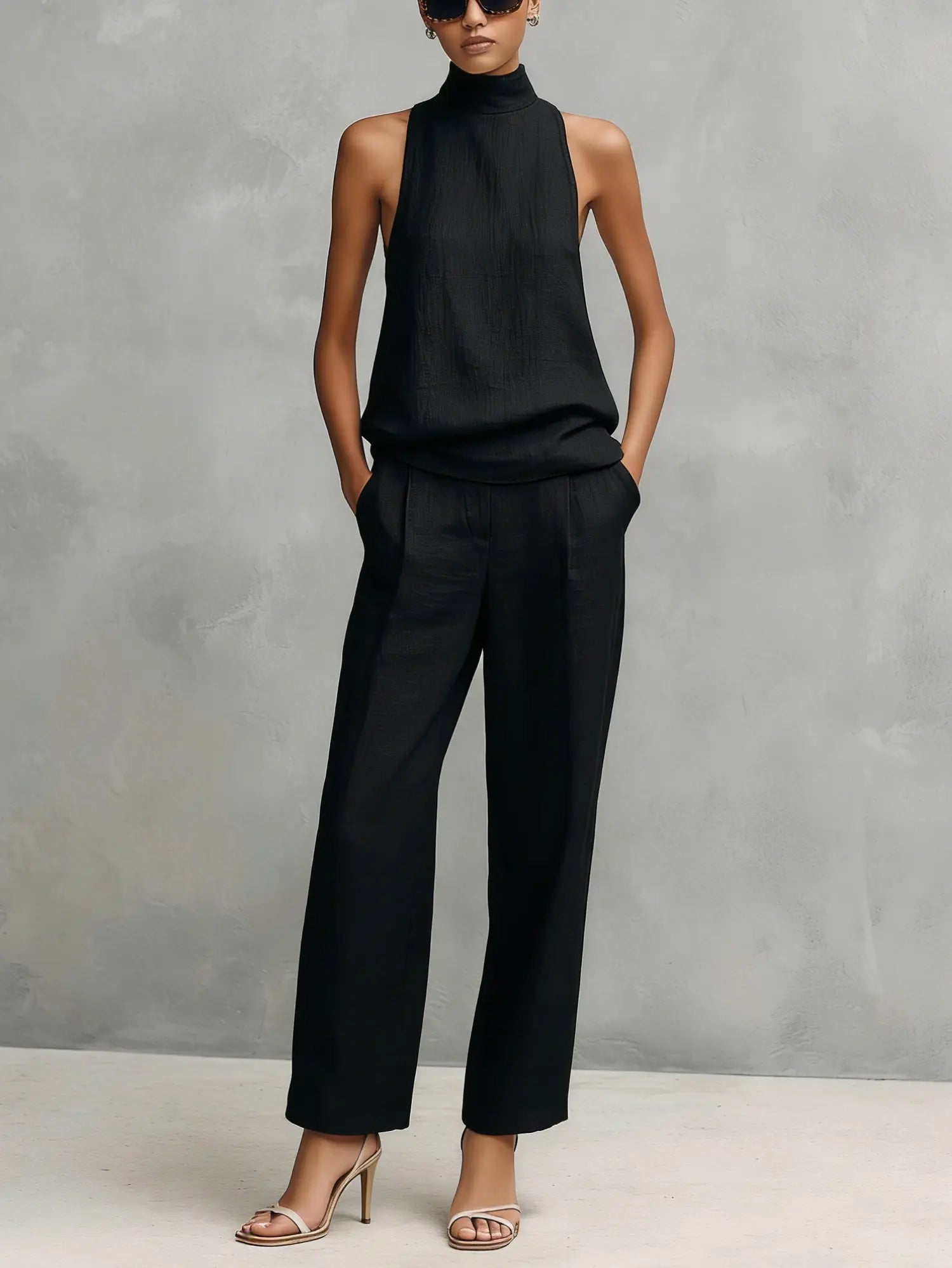 Monica | Women's Elegant Black Cotton and Linen Round-Neck Sleeveless Top and Trousers Set oaklynwear