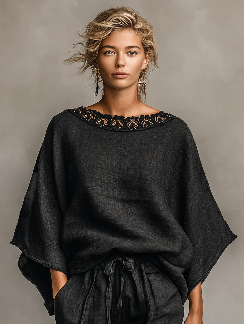 Penny | Women's Minimalist Linen Blend Lace Boat Neck Blouse And Shorts Set oaklynwear