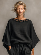 Penny | Women's Minimalist Linen Blend Lace Boat Neck Blouse And Shorts Set oaklynwear