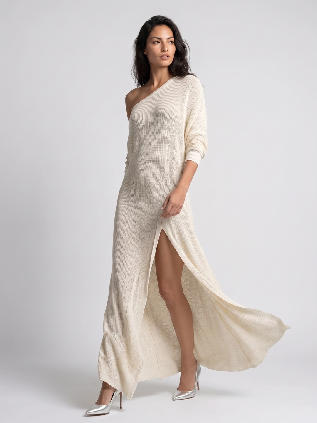 Celeste | One-Shoulder Textured Ivory Maxi Dress oaklynwear