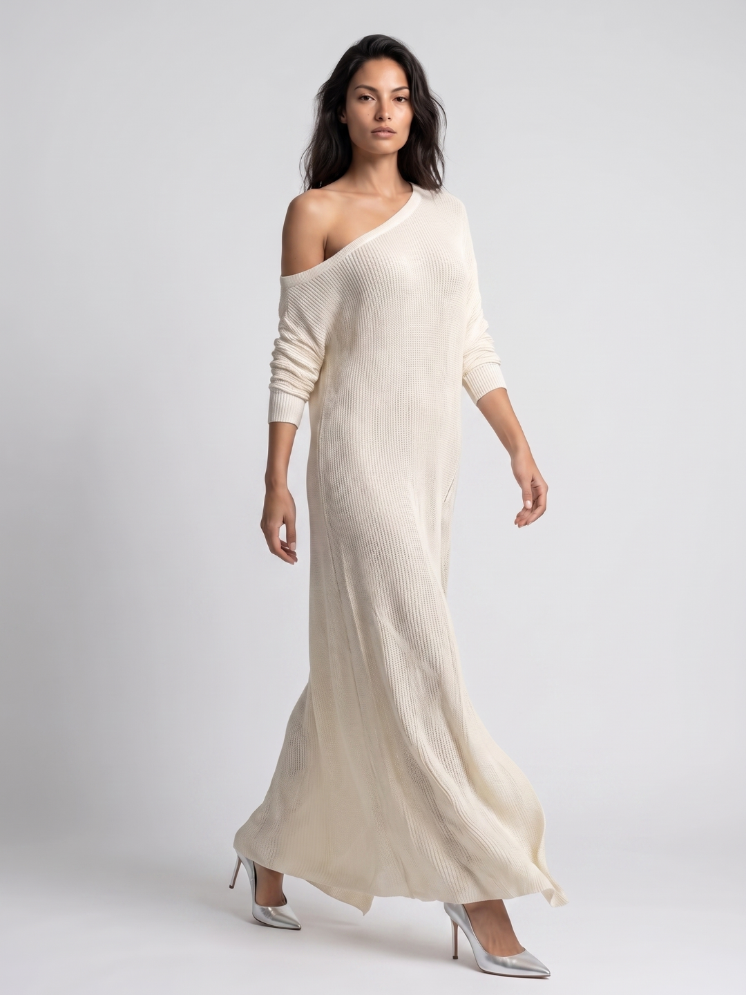 Celeste | One-Shoulder Textured Ivory Maxi Dress oaklynwear