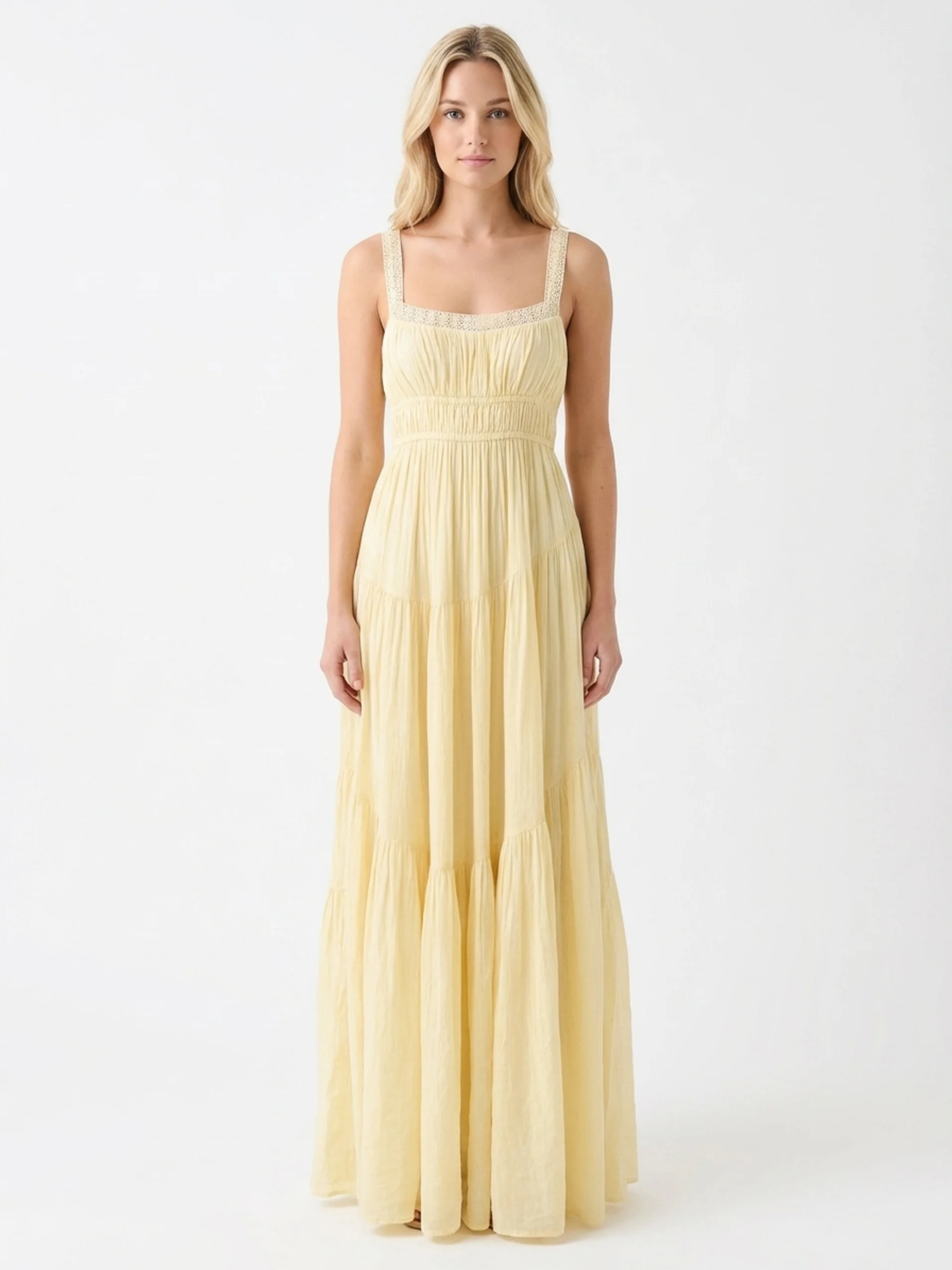 Amalfi | Lace Trim Tiered Ruffle Linen Maxi Dress oaklynwear