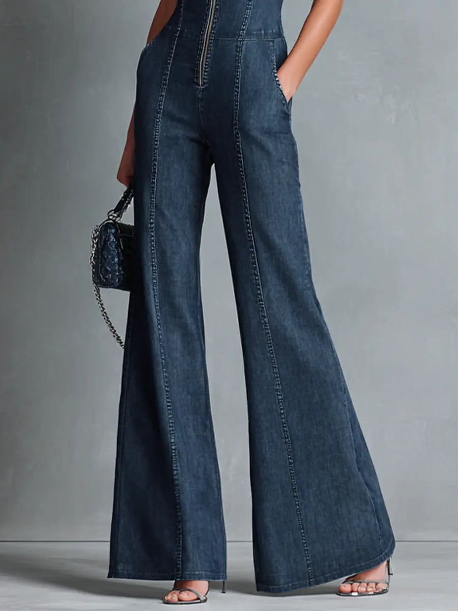 Roxanne | Women's Retro Style Dark Blue Denim Sleeveless High-Neck Flared Jumpsuit With Front Zipper oaklynwear
