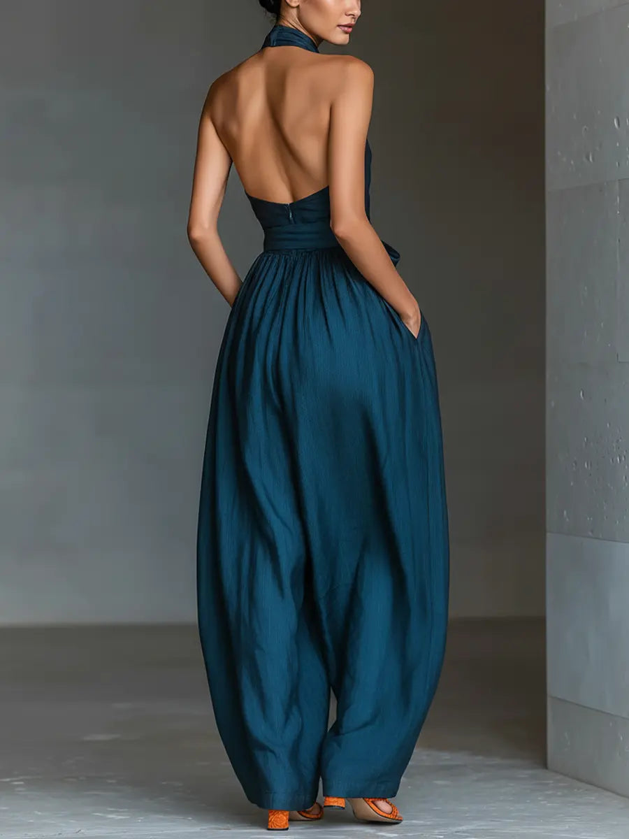 Marina | Women's Navy Blue Linen Fabric Cross Halter Wide-Leg Jumpsuit With Tie Waist & Side Pockets oaklynwear