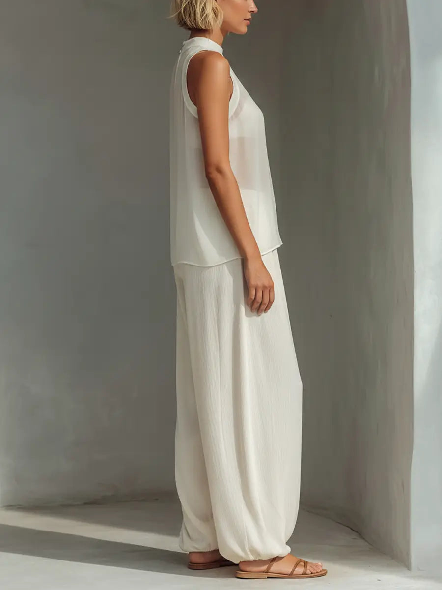 Chloe | Women's Cream Two-Piece Set With Semi-Sheer Chiffon Sleeveless Top oaklynwear