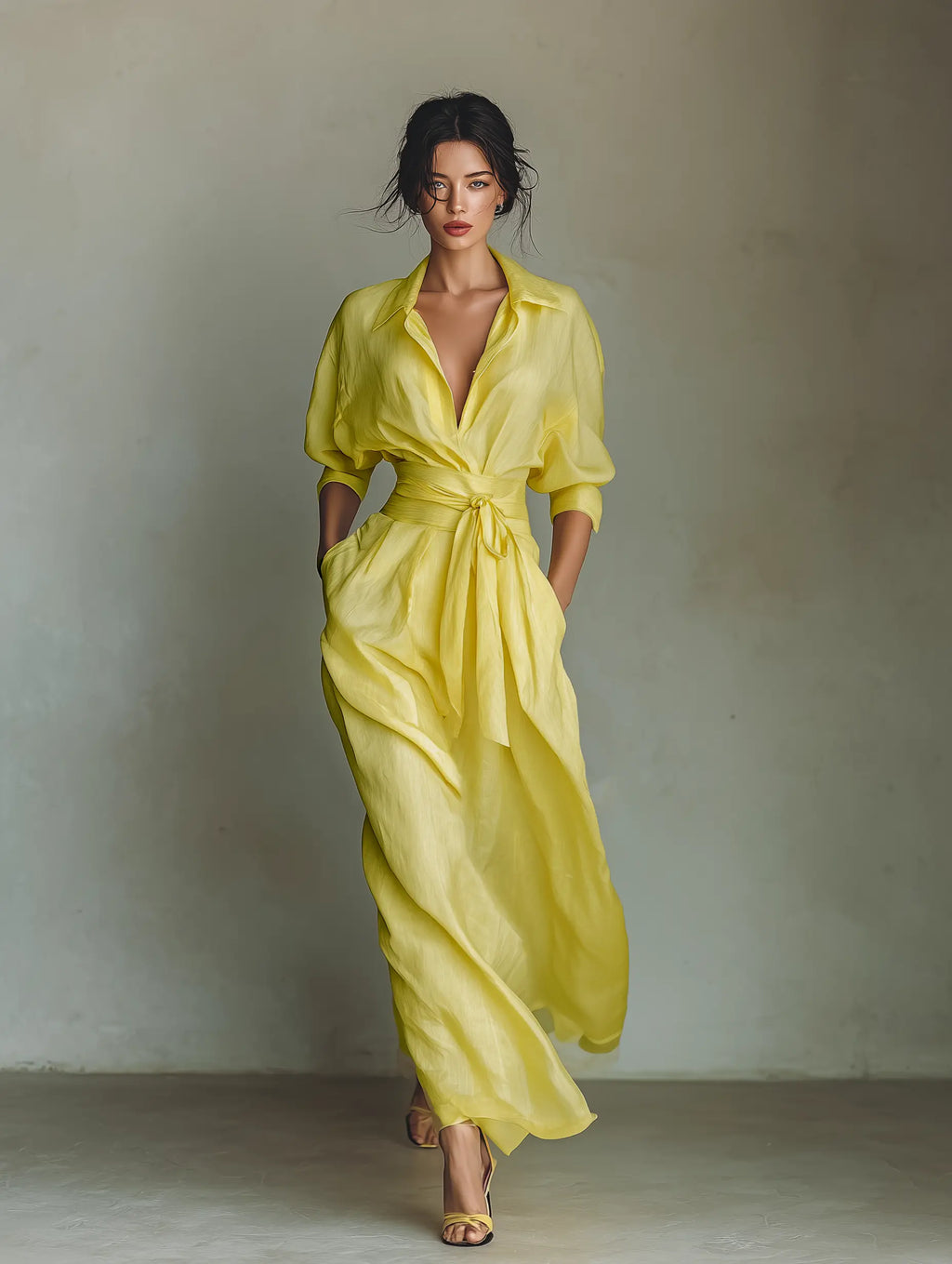 Goldie | Women's Lemon Yellow Cotton And Linen Blend Maxi Shirt Dress With Tie Waist & Half Sleeves oaklynwear