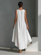 Vera | Women's White Linen Fabric Sleeveless Midi Dress With Round Neck & Asymmetric Hem oaklynwear