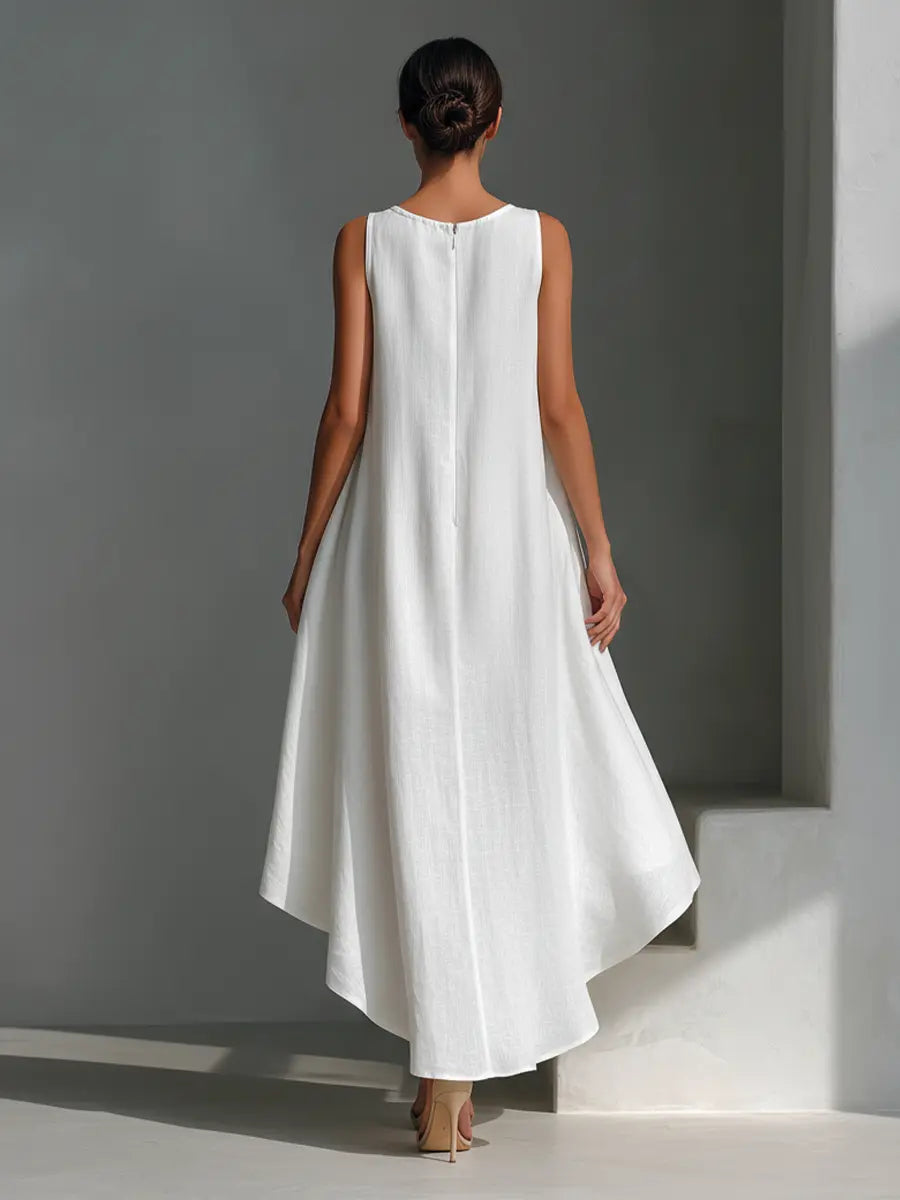 Vera | Women's White Linen Fabric Sleeveless Midi Dress With Round Neck & Asymmetric Hem oaklynwear