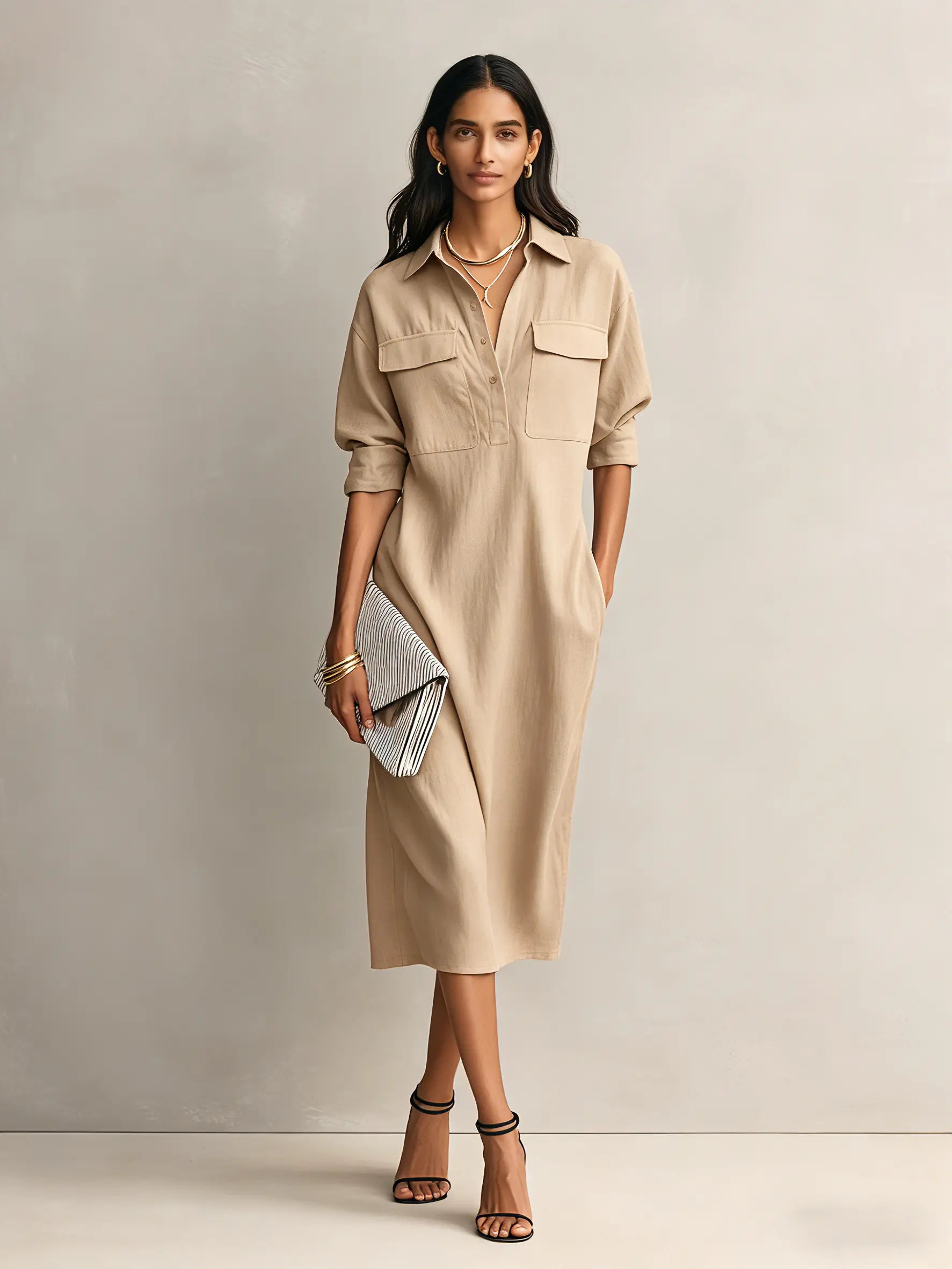 Frances | Women's Elegant Black Cotton-Linen Blend Shirt Collar Short-Sleeved Midi Dress oaklynwear
