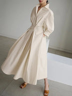 Oaklyn Cream Structured Shirt Dress – Collar Puff Sleeve Cinched Waist Pleated Midi Elegant Style oaklynwear