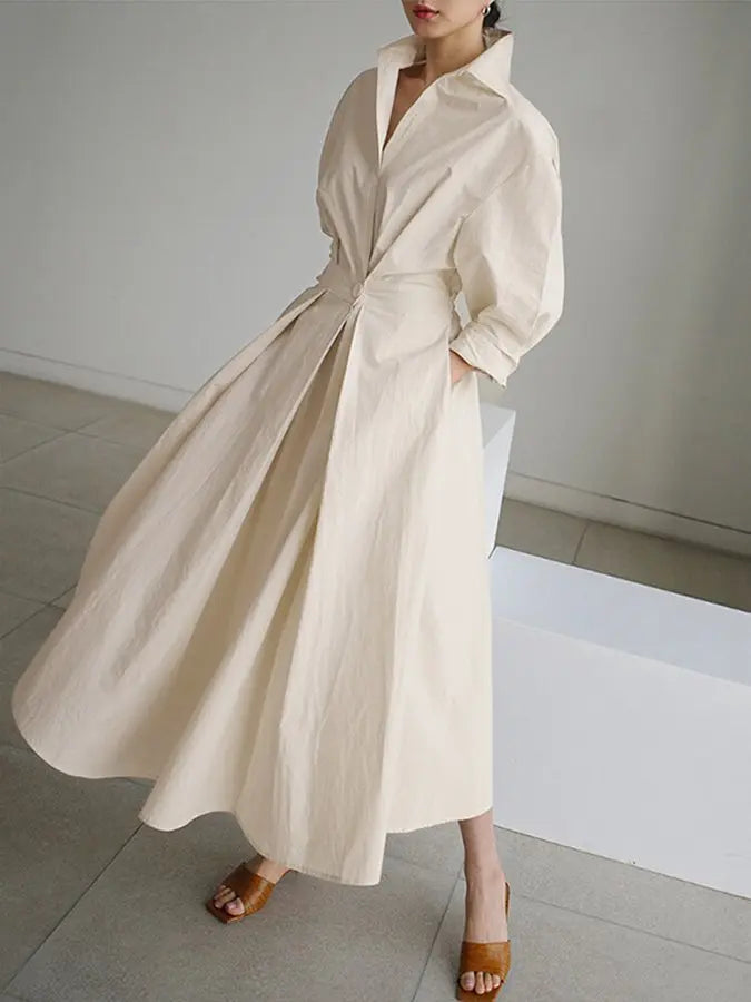 Oaklyn Cream Structured Shirt Dress – Collar Puff Sleeve Cinched Waist Pleated Midi Elegant Style oaklynwear