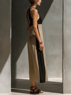 Tanya | Women's Black And Beige Cotton Blend Halter Neck Midi Dress oaklynwear