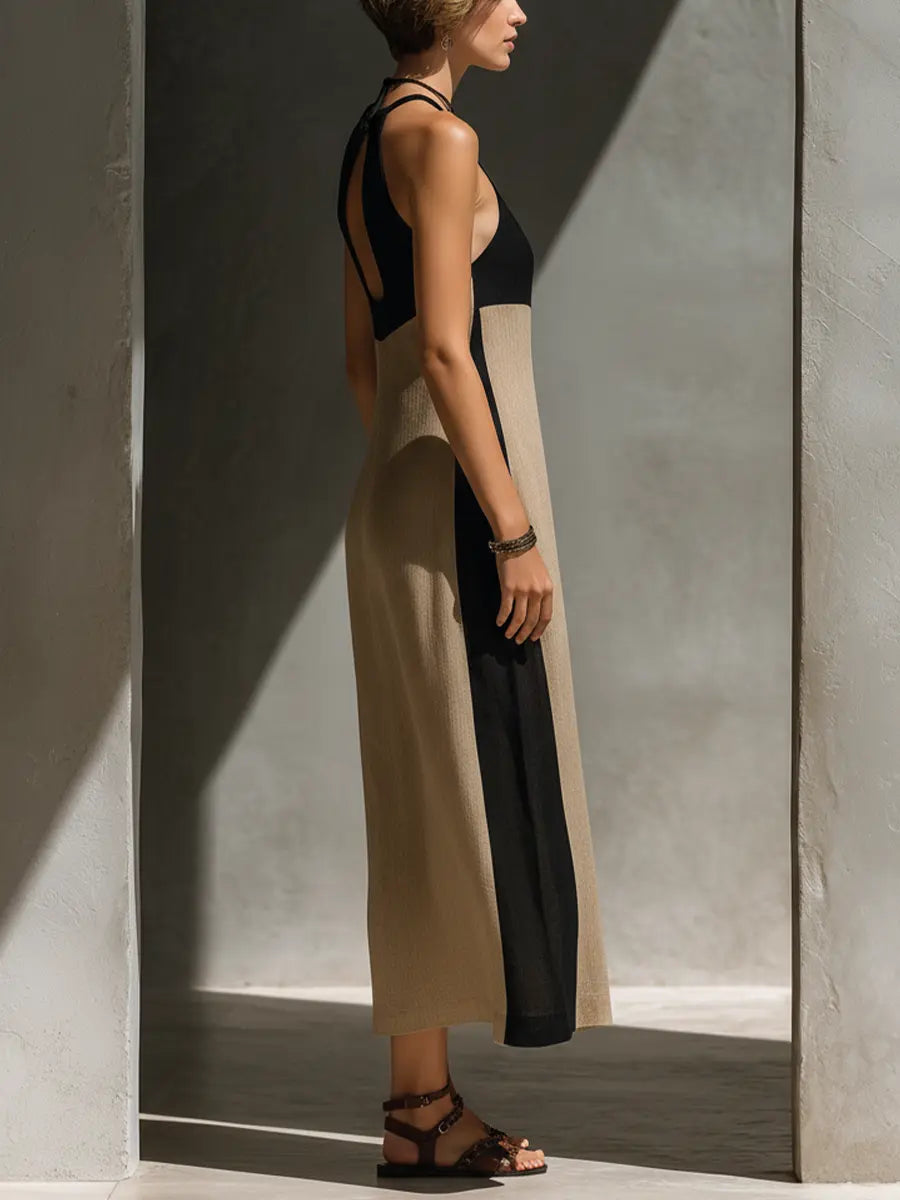 Tanya | Women's Black And Beige Cotton Blend Halter Neck Midi Dress oaklynwear