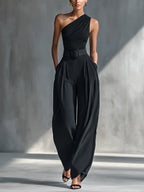 Naomi | Women's Black High-Elastic Knit Top And Acetate Wide-Leg Pants oaklynwear