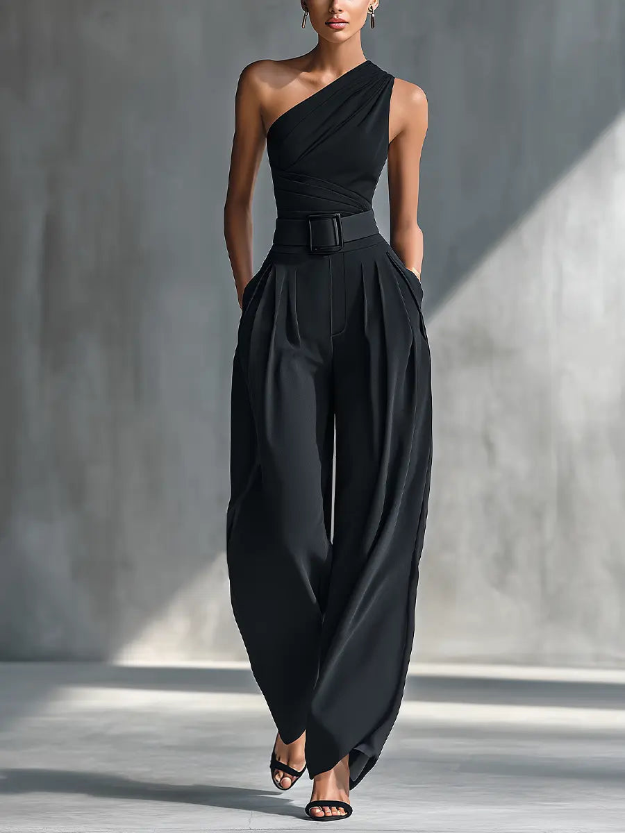 Naomi | Women's Black High-Elastic Knit Top And Acetate Wide-Leg Pants oaklynwear