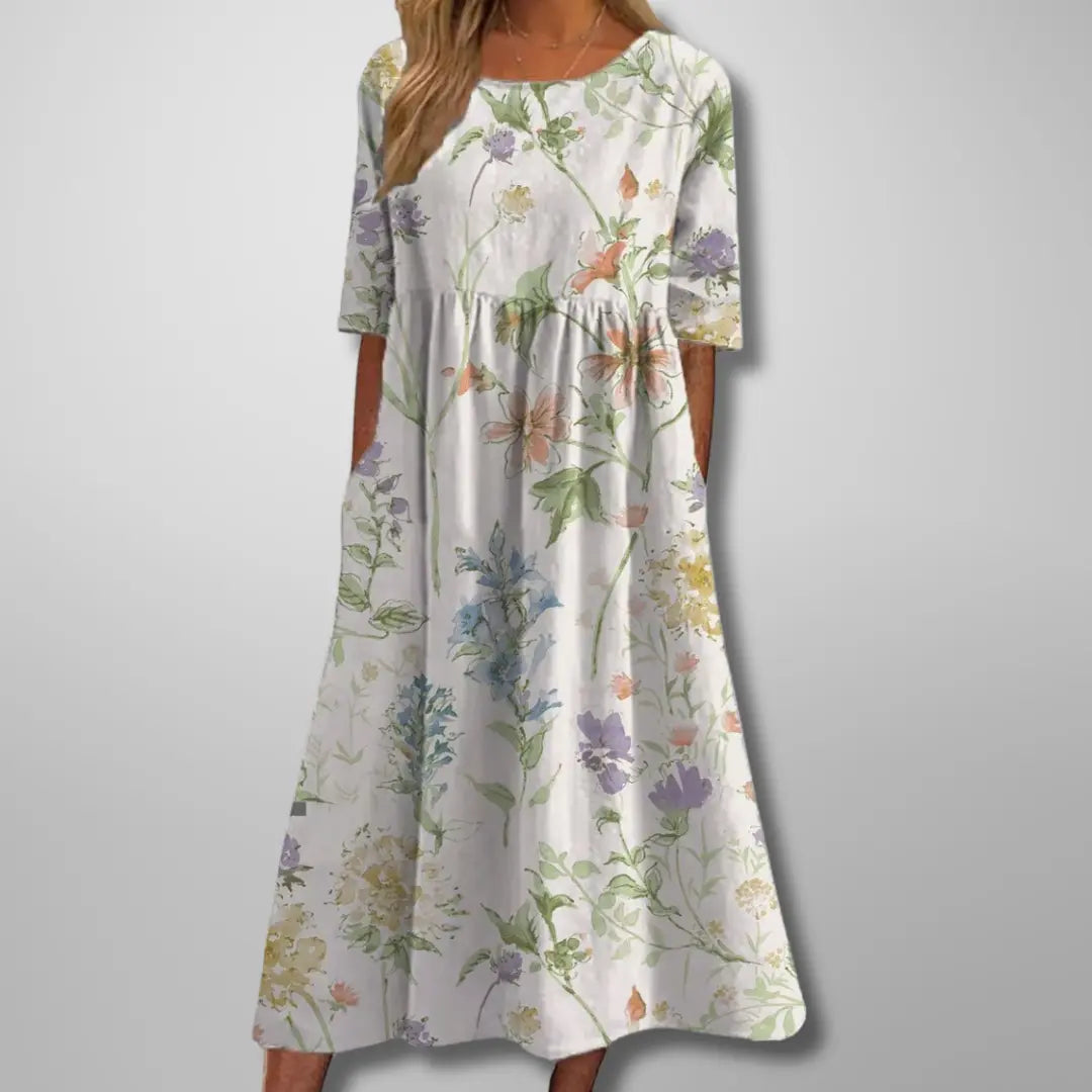 Oaklyn Floral Relaxed Midi Dress – Round Neck Elbow Sleeve Everyday Style oaklynwear