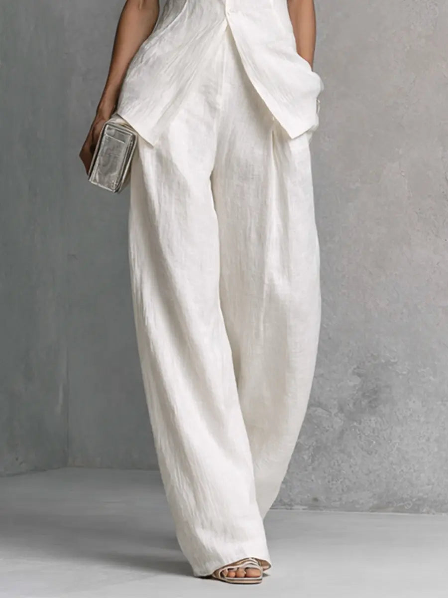 Grace | Women's Elegant White Cotton Linen Sleeveless Top and Wide-Leg Pants Set oaklynwear