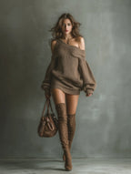Amber | Women's Brown Off-Shoulder Knit Mini Dress oaklynwear