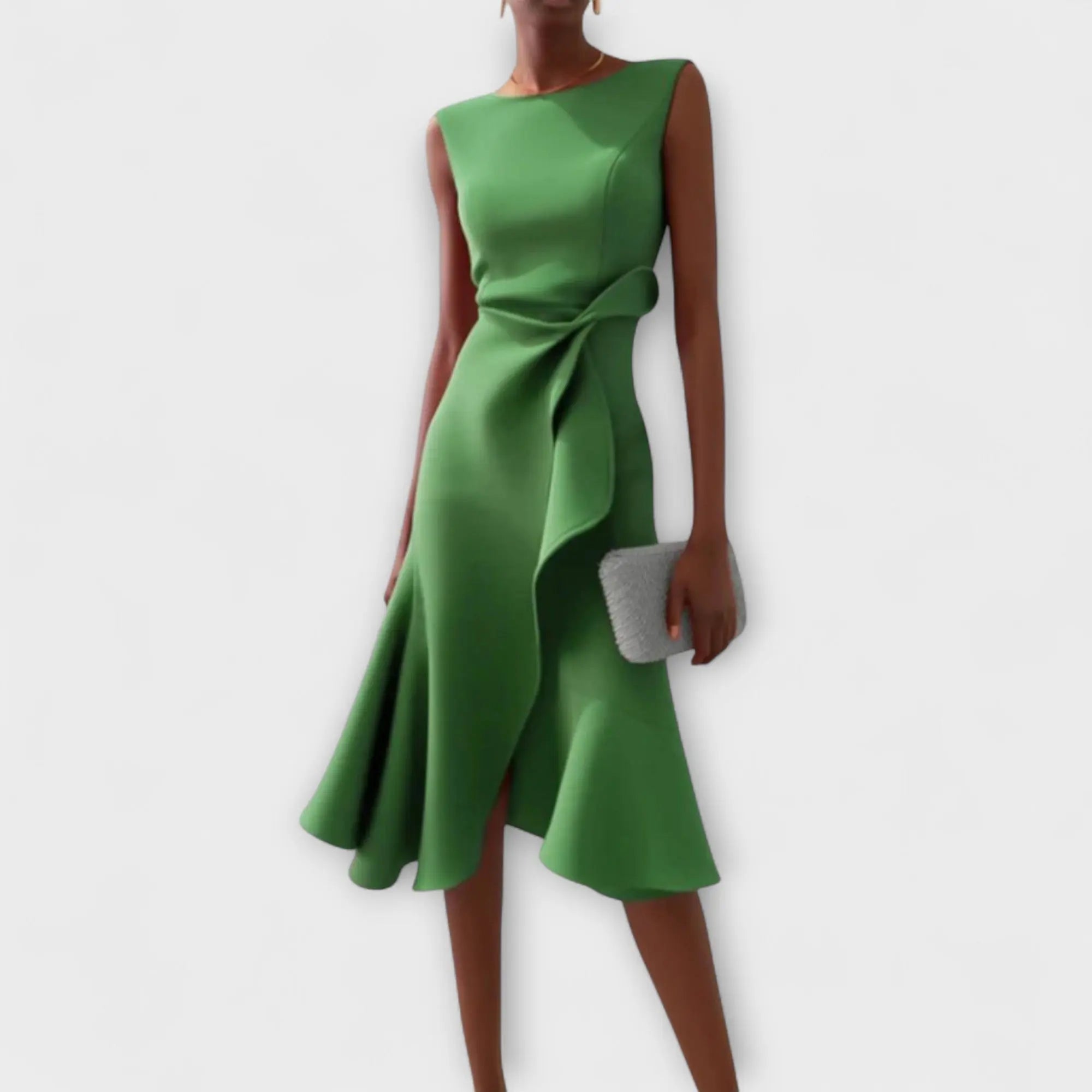 Oaklyn Asymmetric Ruffle Midi Dress – Boat Neck Sleeveless Formal Elegance oaklynwear