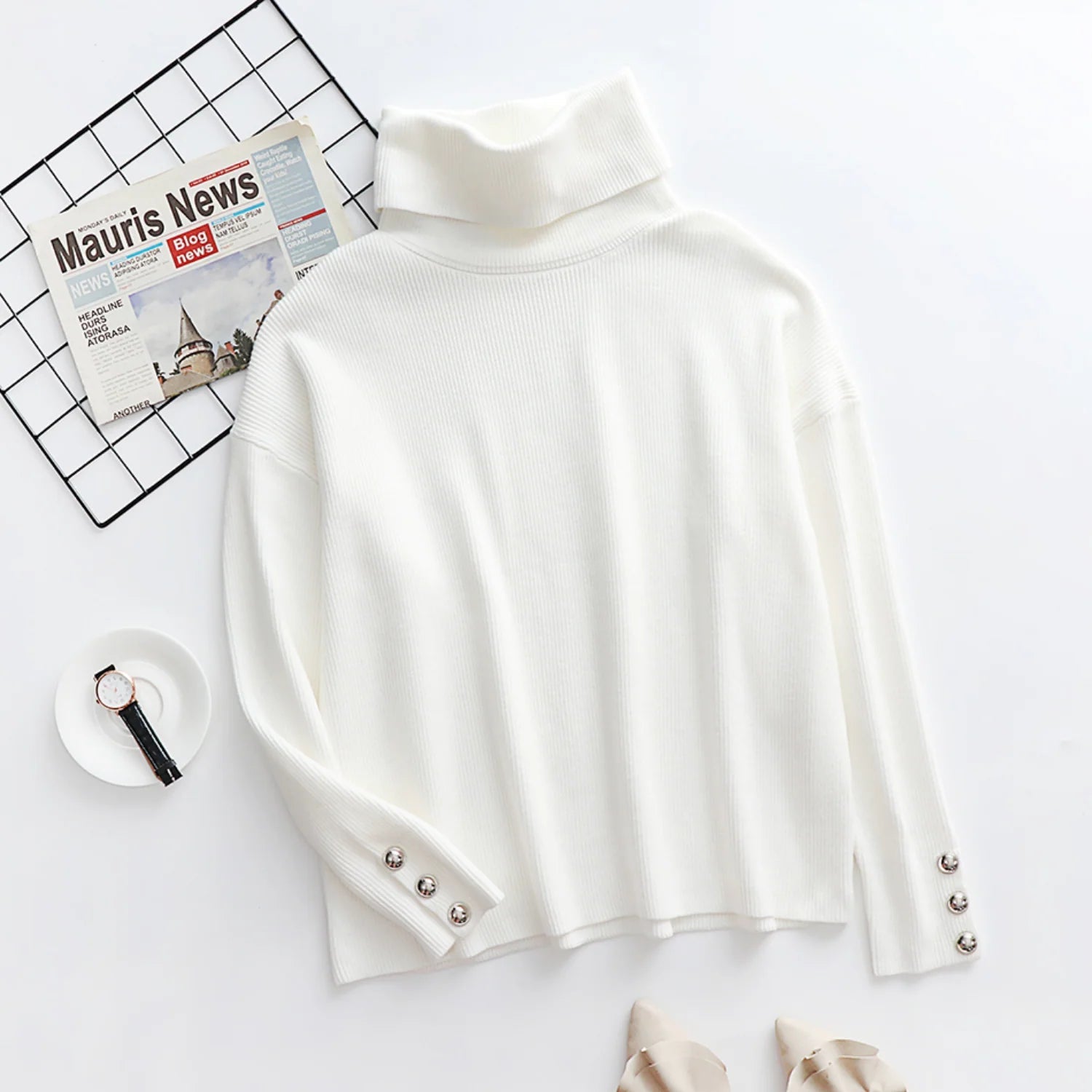 Emma | Turtleneck Ribbed Sweater with Button-Cuff Sleeves, Cozy Autumn Knit oaklynwear