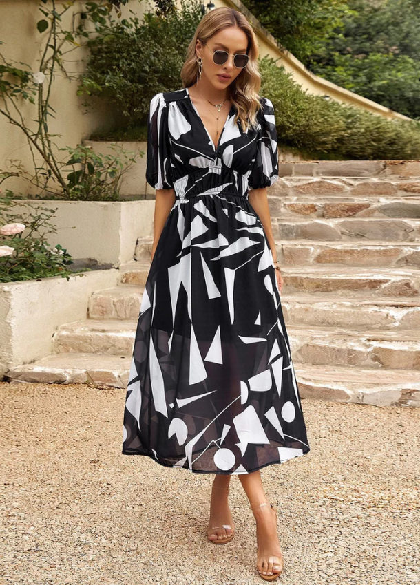 Josette | Floral Midi Dress V Neck Puff Sleeve oaklynwear