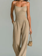 ElevenOra Chic Casual Camel Strappy Sleeveless Tailored Waist Wide Leg Ribbed Knit Jumpsuit oaklynwear