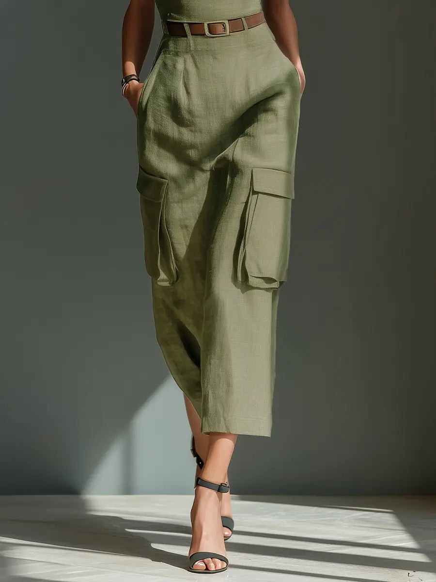 Stevie | Women's Olive Green Linen Fabric Sleeveless Midi Dress With Cargo Pockets & Belted Waist oaklynwear