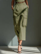 Stevie | Women's Olive Green Linen Fabric Sleeveless Midi Dress With Cargo Pockets & Belted Waist oaklynwear