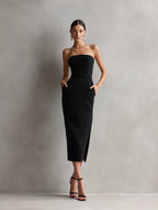 Victoria | Women's Elegant Black Stretch Strapless Bodycon Midi Dress oaklynwear
