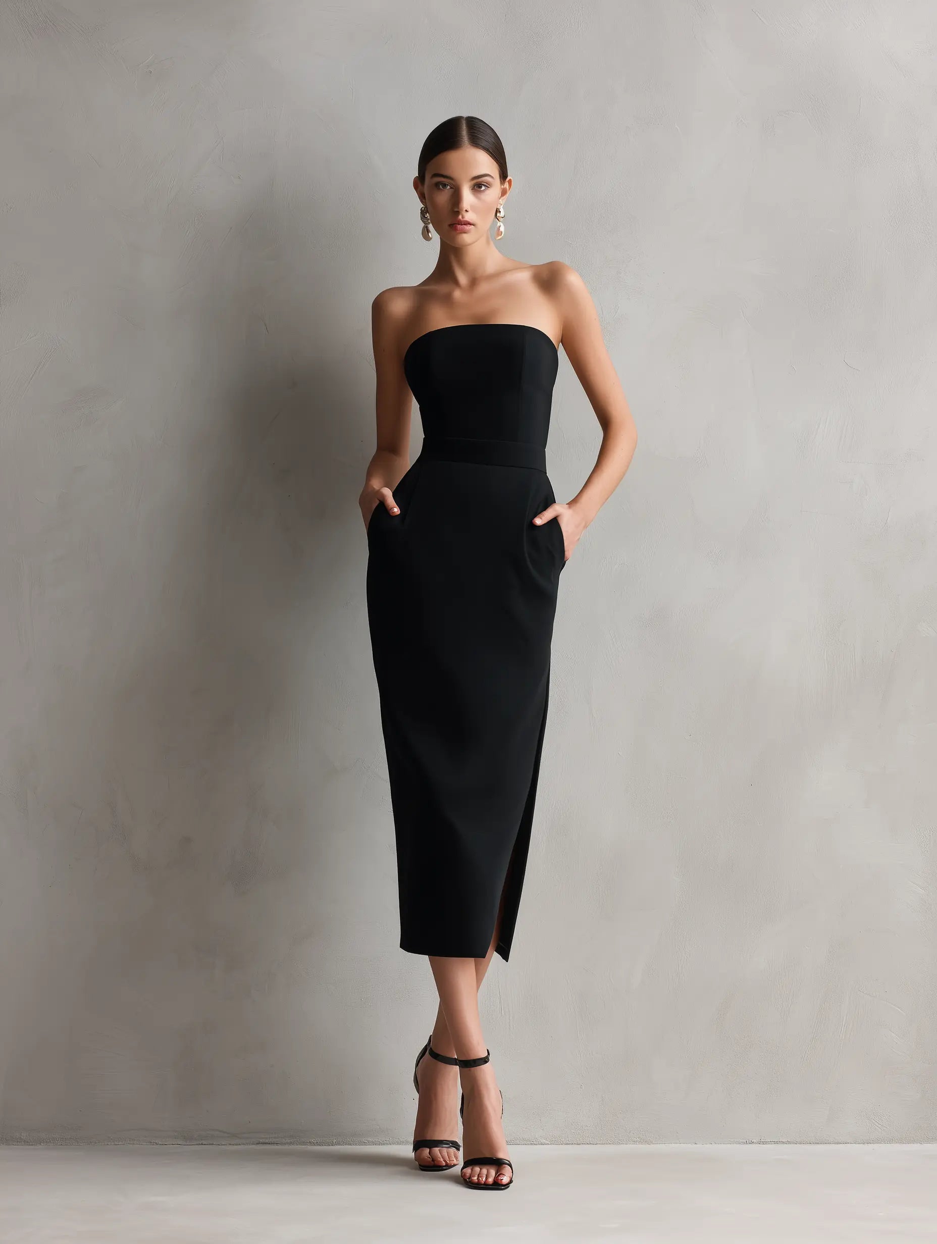 Victoria | Women's Elegant Black Stretch Strapless Bodycon Midi Dress oaklynwear
