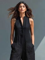 Jodie | Women's Minimalist Linen Blend Button-Up Stand-Collar Sleeveless Loose Jumpsuit oaklynwear