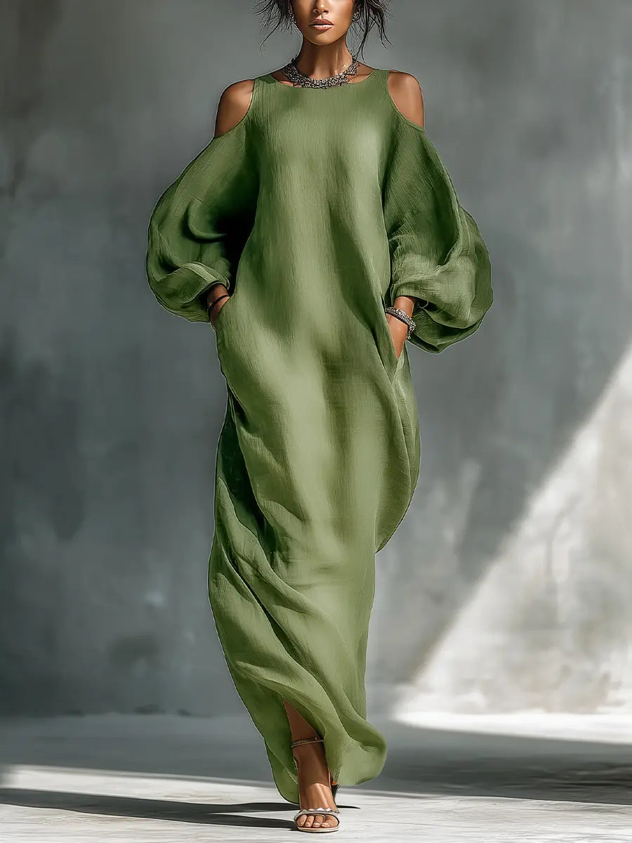 Flora | Women's Light Green Cold-Shoulder Maxi Dress With Oversized Puff Sleeves & Side Pockets oaklynwear