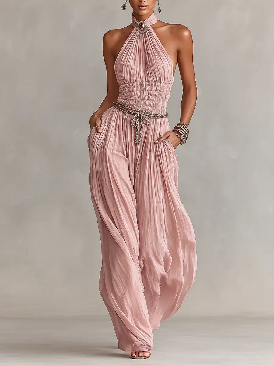 Rosa | Women's Blush Pleated Jumpsuit With Halter Neck & Ruched Waist oaklynwear