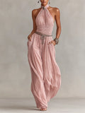 Rosa | Women's Blush Pleated Jumpsuit With Halter Neck & Ruched Waist oaklynwear