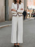 Off-White Stand Collar Contrast Piping Trim Blazer & Wide-Leg Trousers 2-Piece Suit oaklynwear