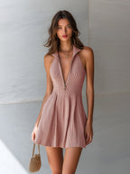 ElevenOra Chic Elegant Camel Zipper-Front Lapel Collar Sleeveless Tailored Waist Pleated A-Line Ribbed Knit Mini Dress oaklynwear