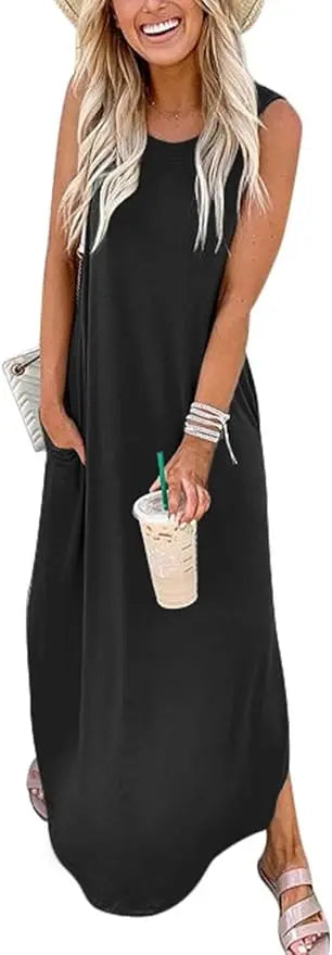 Mavi™ | Women's Sleeveless Maxi Dress – Loose Fit Side Slit Beach Vacation Sundress oaklynwear